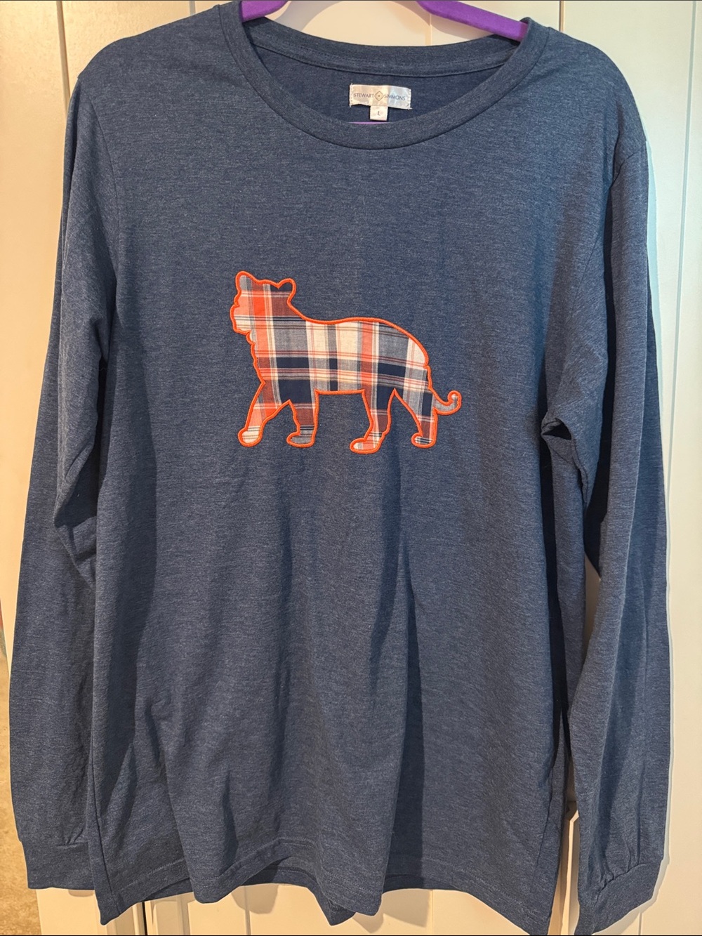Long-Sleeve Blue Tee with Plaid Tiger Applique